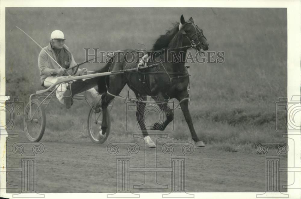 Press Photo Harness Racing Driver George Hule with Horse &quot;Popstan Lobelle&quot;- Historic Images