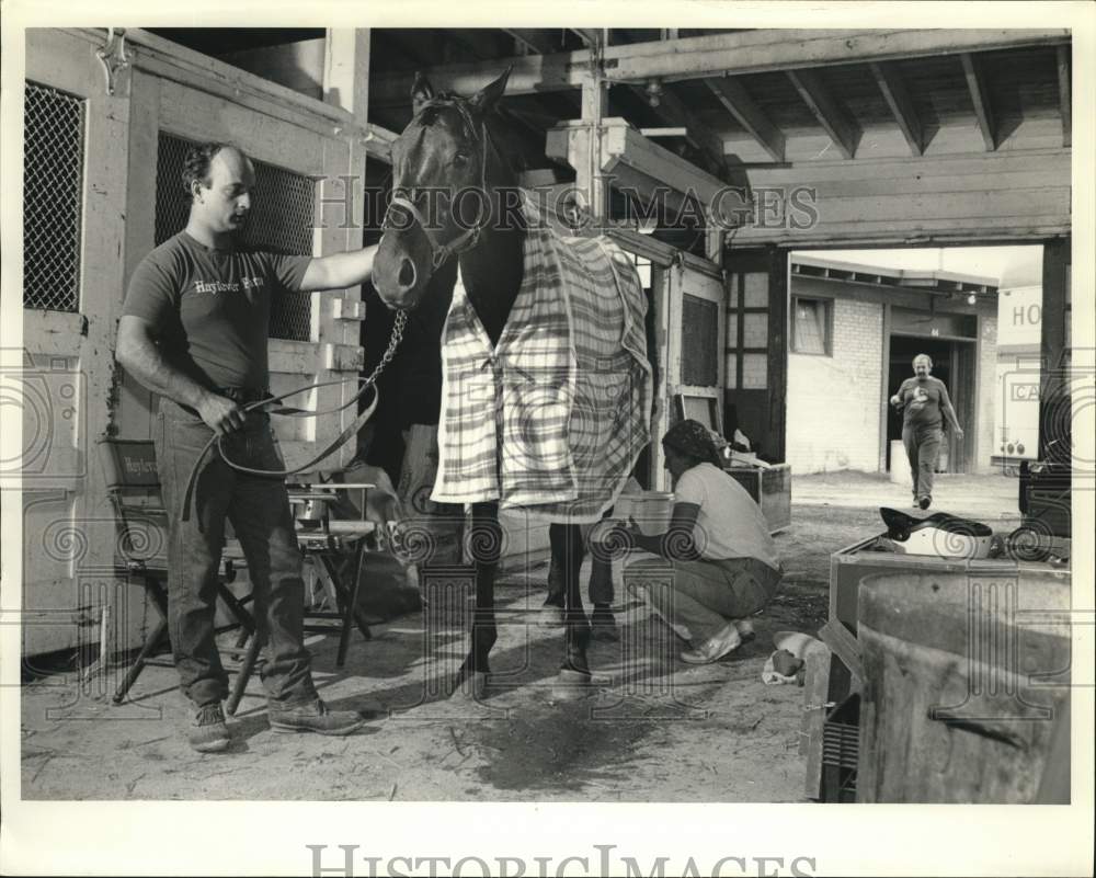 1986 Press Photo Serge Arseneault, Laurie Carter work on "Change of Pace" Horse- Historic Images