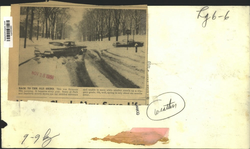 1959 Press Photo Cars try to maneuver snow-covered Park &amp; Danforth streets