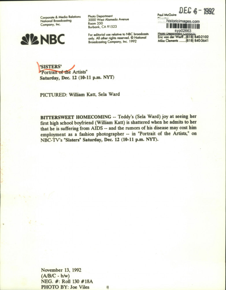 1992 Press Photo Sela Ward and William Katt in "Sisters" episode - syp02663