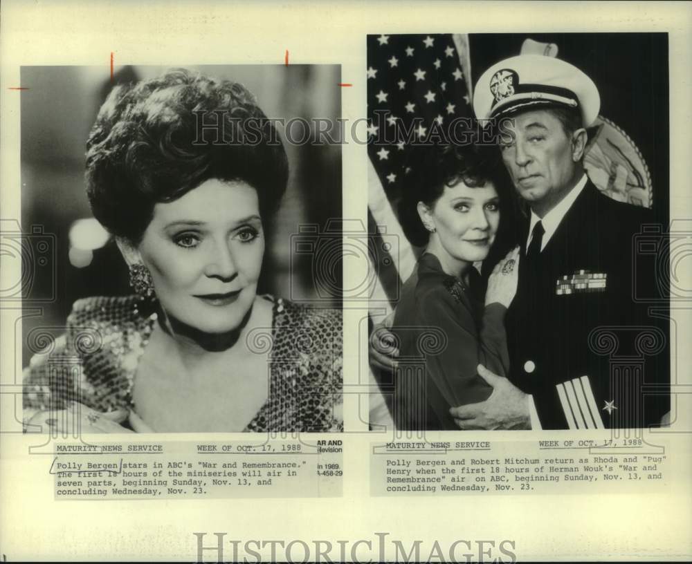 1988 Press Photo Polly Bergen and Robert Mitchum in &quot;War and Remembrance&quot;- Historic Images