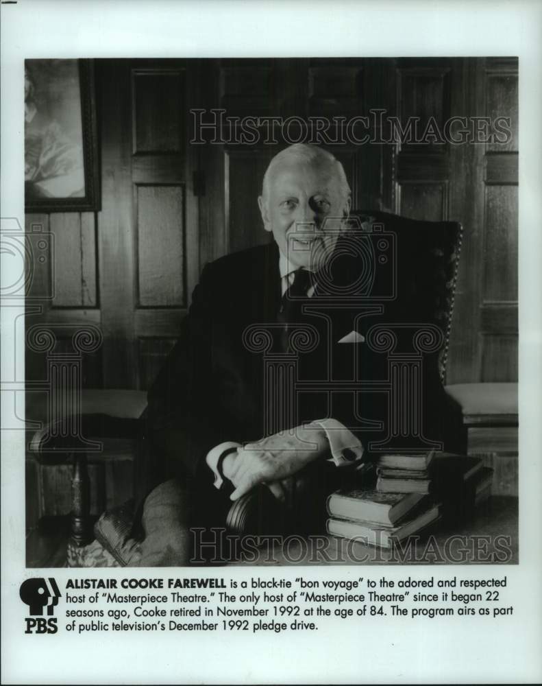 1992 Press Photo Alistair Cooke appears in "Masterpiece Theatre" - syp09173- Historic Images