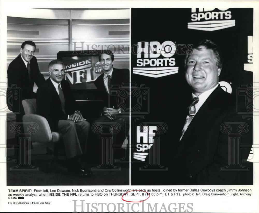 Press Photo Dallas Cowboys Jimmy Johnson with "Inside the NFL" Hosts- Historic Images