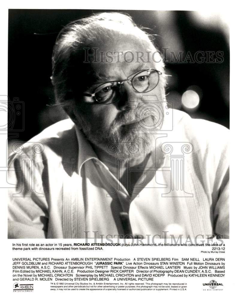 1992 Press Photo Actor Richard Attenborough in "Jurassic Park" Movie - syp49581- Historic Images