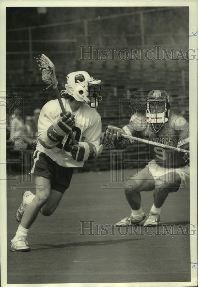 1987 Press Photo F-M vs Liverpool in Lacrosse game at Coyne Field, New York- Historic Images