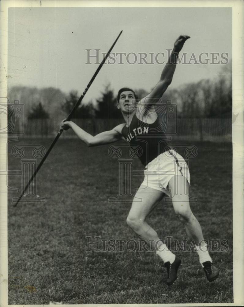 Press Photo Milton track athlete Milt Jarmone throws javelin during meet- Historic Images