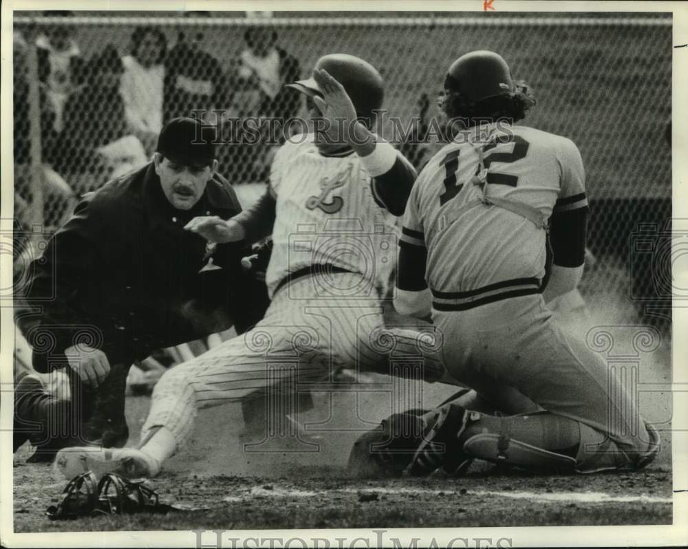 1983 Press Photo LeMoyne Baseball Player Nick Berghela Slides Into Hom 1983-press-photo-lemoyne-baseball-player-nick-berghela-slides-into-hom