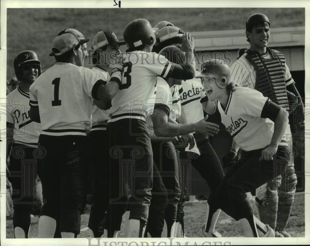 1987 Press Photo Utica Proctor baseball player Joe DeSarro celebrates with team- Historic Images