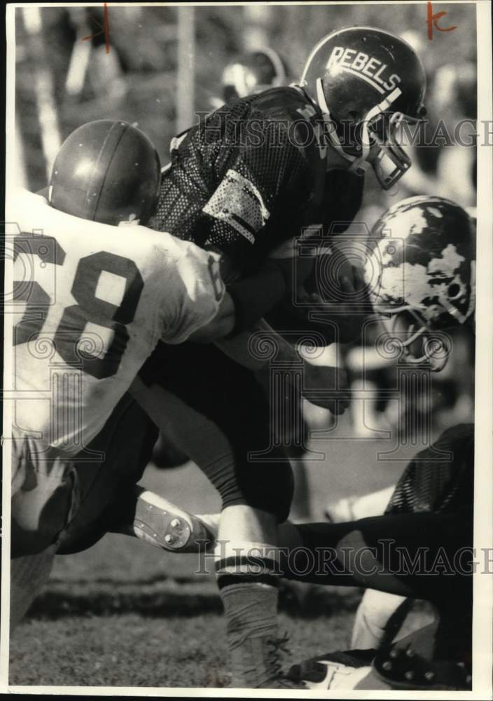 1984 Press Photo Altmar-Parish Williamstown Football Player Dave Gaffey tackled- Historic Images