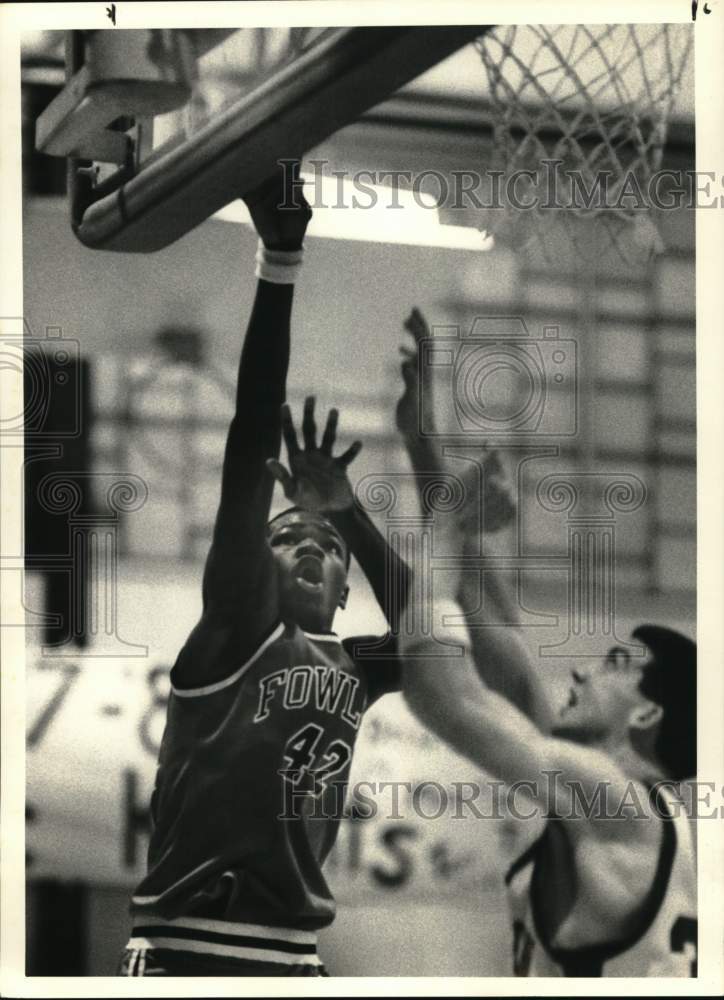 1987 Press Photo Fowler Basketball Player Anthony Harvey shooting in Game- Historic Images