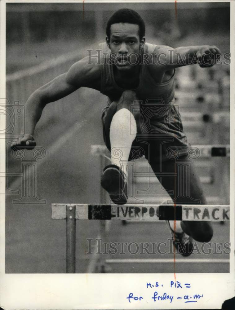 Press Photo Randy Irons wins first place in hurdles at Liverpool Track, New York- Historic Images