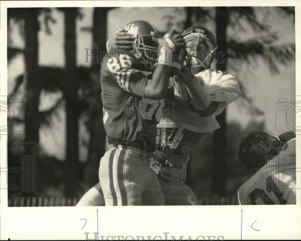 1985 Press Photo Hamilton football defensive back Andy Fotopoulos #86 grabs ball- Historic Images