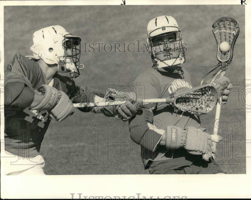 1986 Press Photo Jacob Lazore and Tim Papa in Lacrosse Game - sys07703- Historic Images