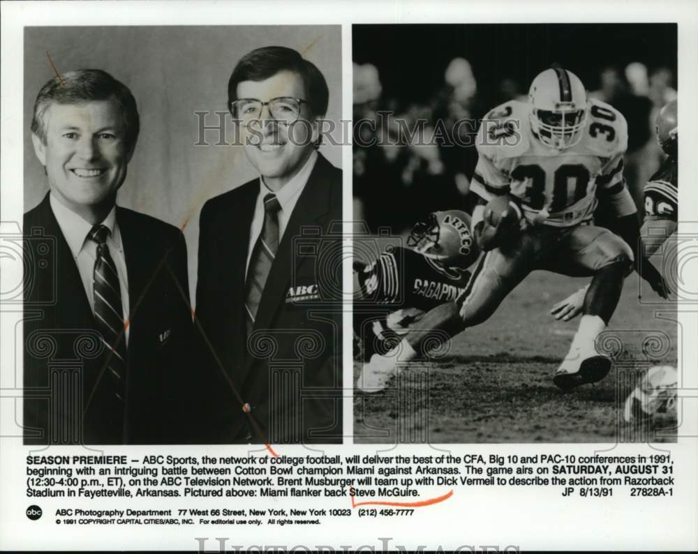 1991 Press Photo ABC Sportscasters & Miami Football Player Steve McGuire on ABC- Historic Images