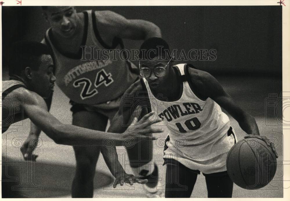 1988 Press Photo Morris Cotton of Fowler Basketball drives down Court in Game- Historic Images