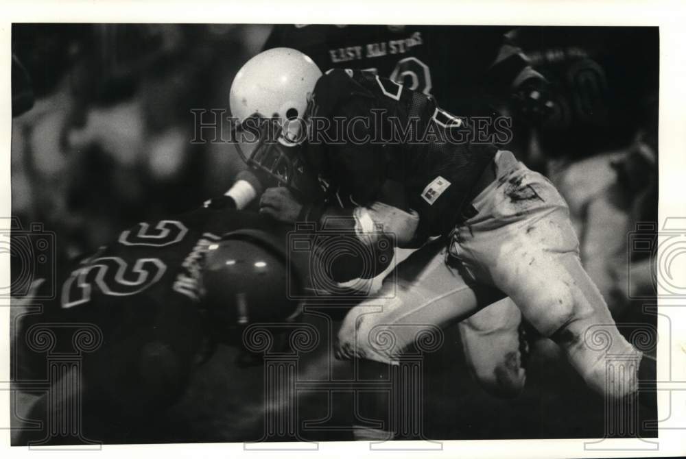 1987 Press Photo Football Players Tom Procopio and JJ Graham in Liverpool Game- Historic Images