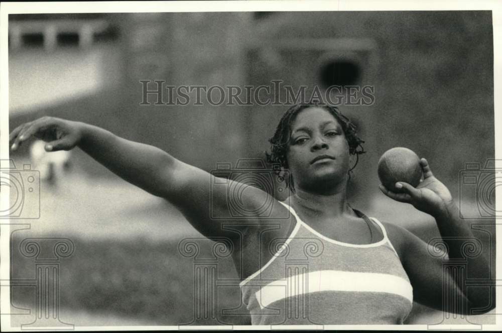 1987 Press Photo Woman in Shotput at Empire State Games - sys07920- Historic Images