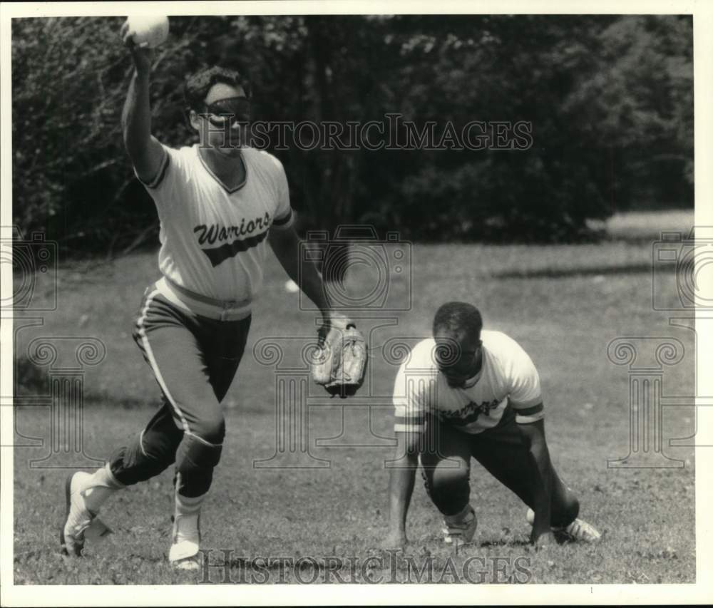 1987 Press Photo James Oswalt, Pitcher at Beep Baseball World Series in Ithaca- Historic Images