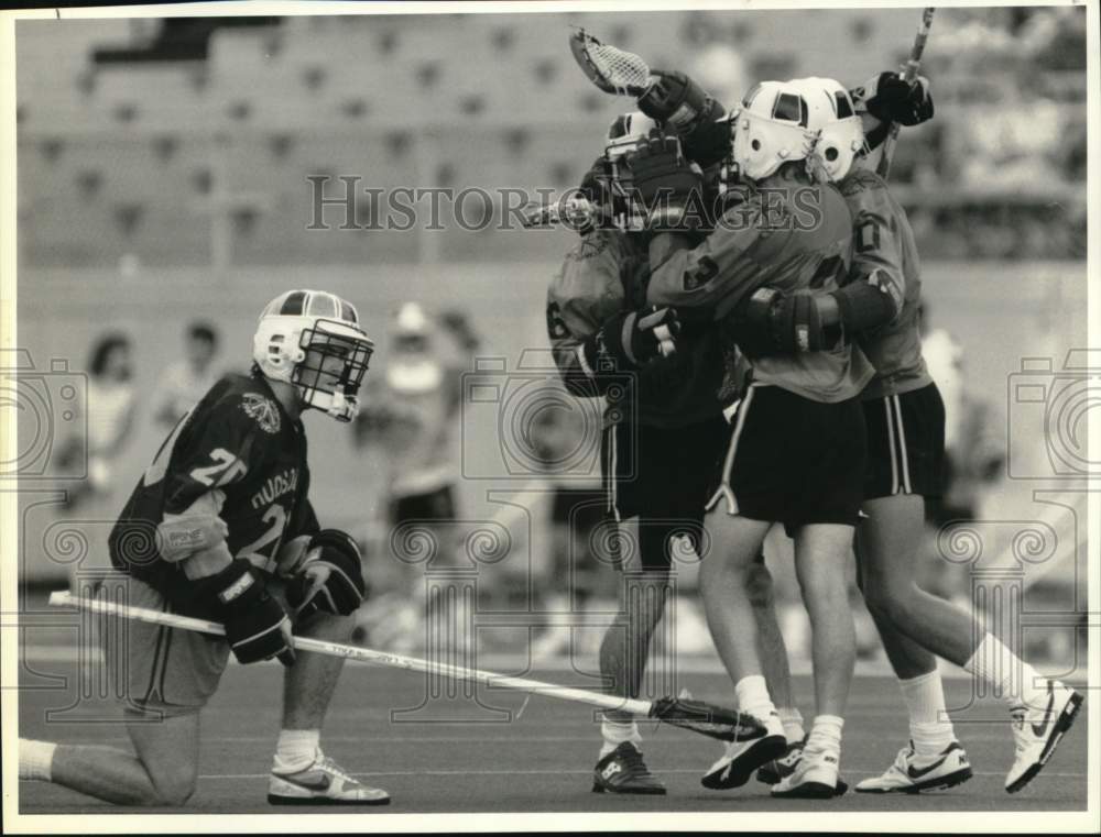 1989 Press Photo Central New York lacrosse team celebrates after scoring a goal- Historic Images