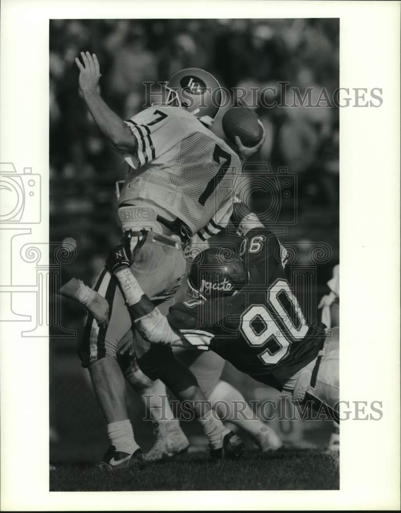 1989 Press Photo Lehigh football quarterback Todd Brunner is sacked by Colgate- Historic Images