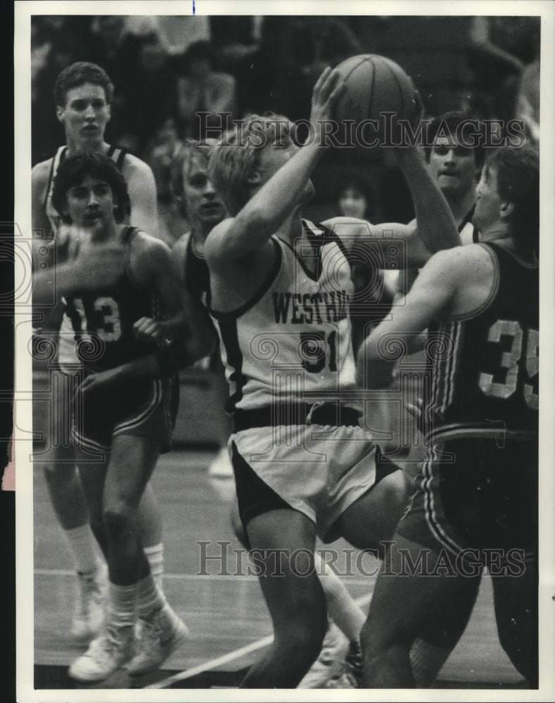 1985 Press Photo A Westhill High School basketball player in action - sys10028- Historic Images