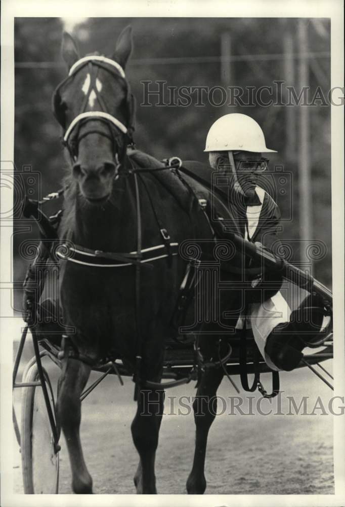 1986 Press Photo Harness racing driver Harold Vanuaken in sulky at Moravia Downs- Historic Images