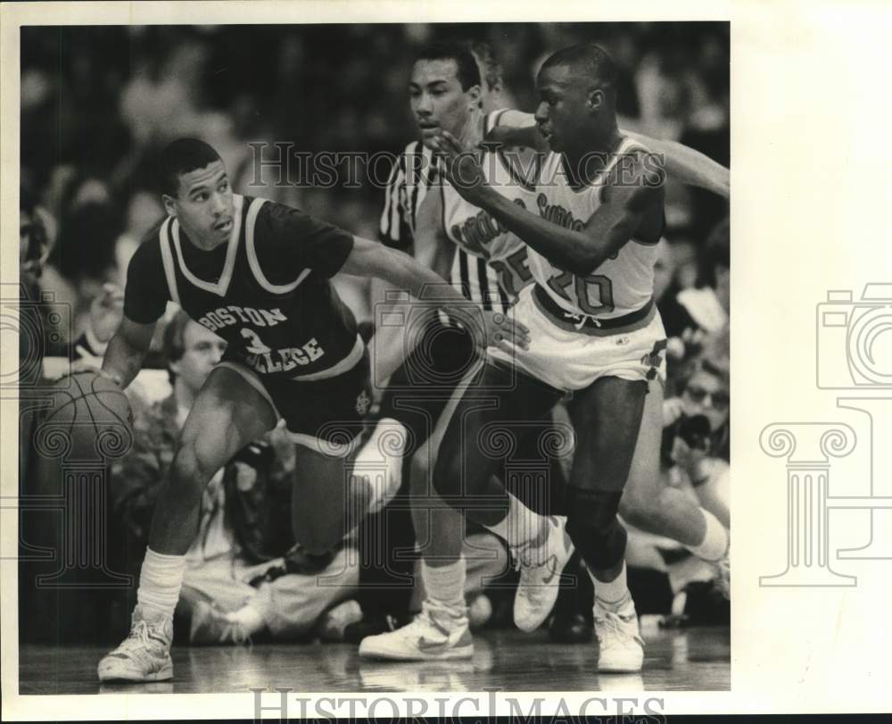 1987 Press Photo Howard Triche, Dana Barros, Syracuse University Basketball Game- Historic Images