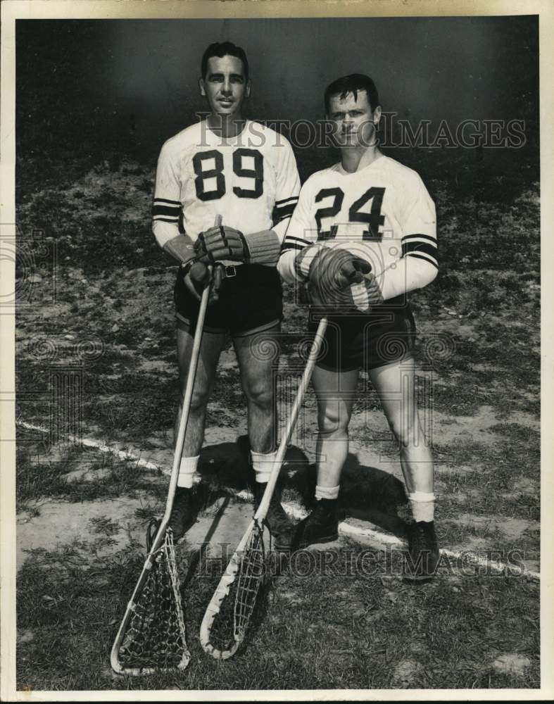 1957 Press Photo Syracuse University Lacrosse Players Ruby Bassett, Paul Conahue- Historic Images