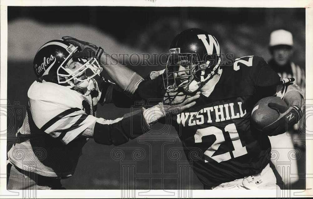 1990 Press Photo Westhill and Jordan-Elbridge Football Players at Game- Historic Images