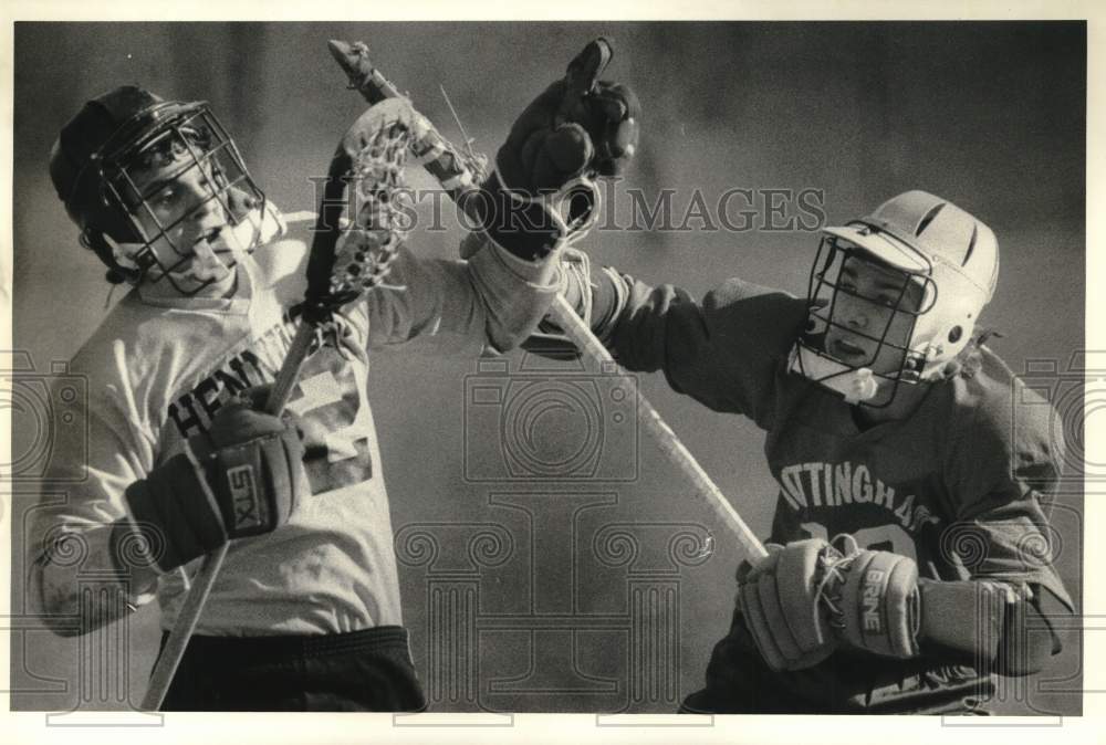 1984 Press Photo E. Dotterer and Gene Van Patten in Henninger Lacrosse Game- Historic Images