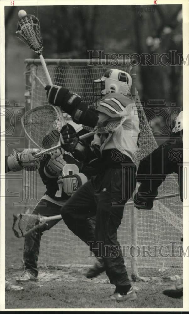 1990 Press Photo Jordan-Elbridge Lacrosse Players at Game- Historic Images