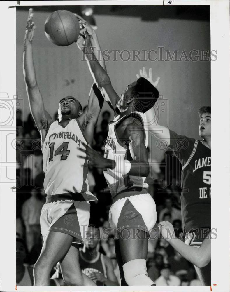 1990 Press Photo Nottingham vs. Jamesville Dewitt basketball rebound action.- Historic Images