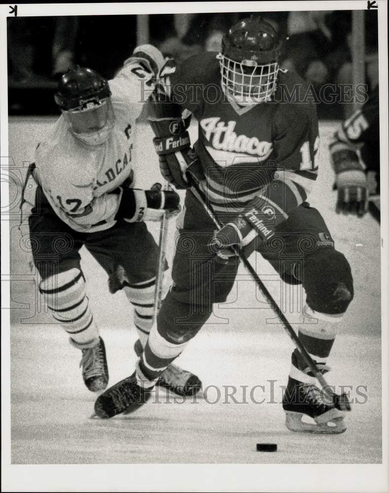 1990 Press Photo Dave Schneid and Loren Gardner go after hockey puck in Camillus- Historic Images