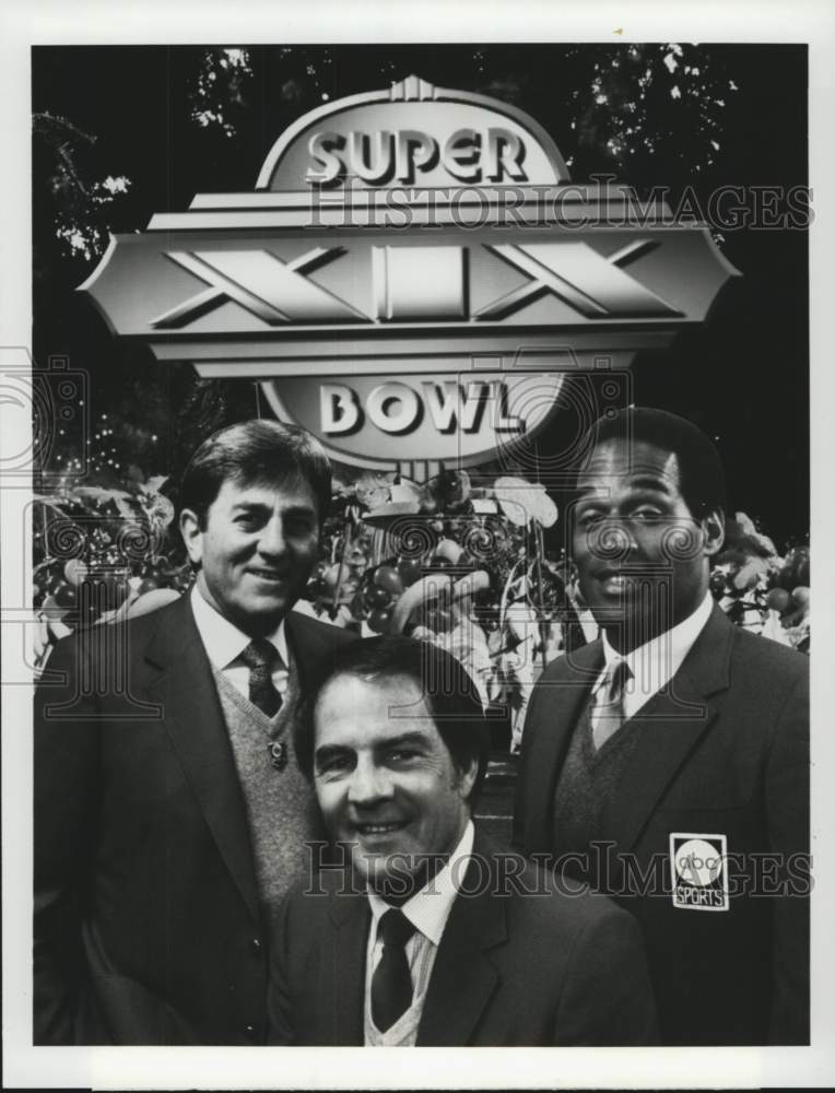 1985 Press Photo Don Meredith, Frank Gifford &amp; O.J. Simpson for &quot;Super Bowl XIX&quot;- Historic Images