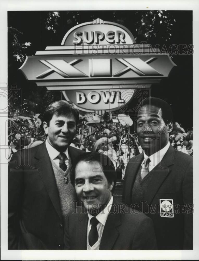 1985 Press Photo Don Meredith, Frank Gifford & O.J. Simpson for "Super Bowl XIX"- Historic Images
