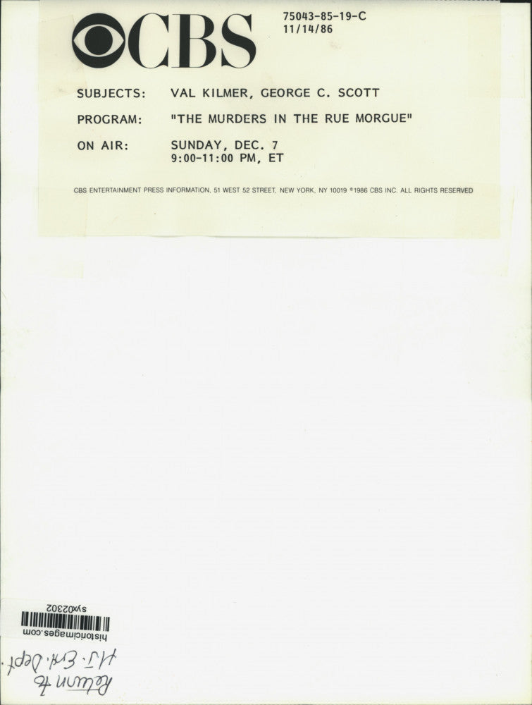 1986 Press Photo Val Kilmer & George C. Scott in "The Murders in the Rue Morgue"