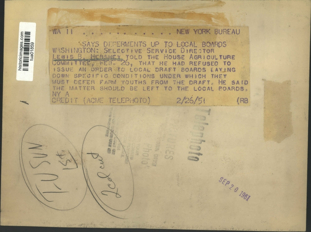 1951 Press Photo Selective Service Director, Lewis B. Hershey, Washington, D.C.