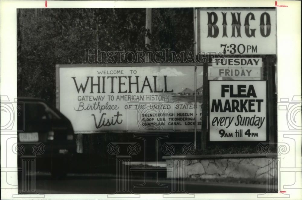 1994 Press Photo Billboard marking the entrance to Town of Whitehall, New York- Historic Images