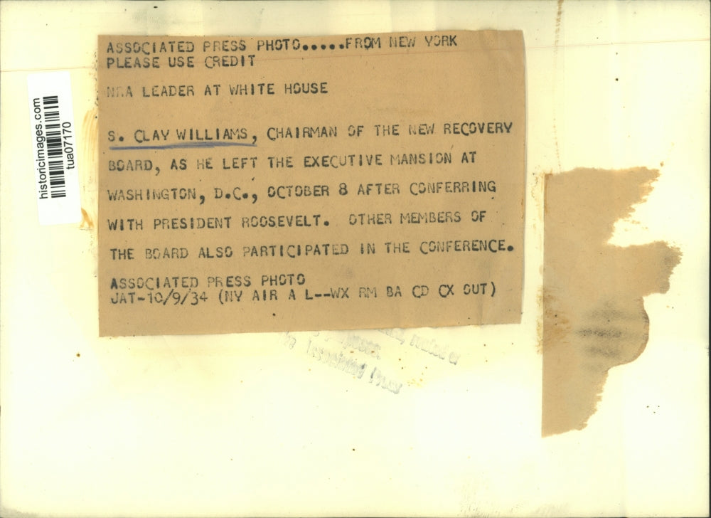 1934 Press Photo New Recovery Board chairman S. Clay Williams, Washington, D.C.