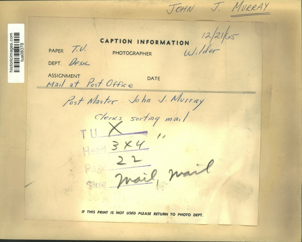 1965 Press Photo Albany, New York Postmaster John Murray in mail sorting room