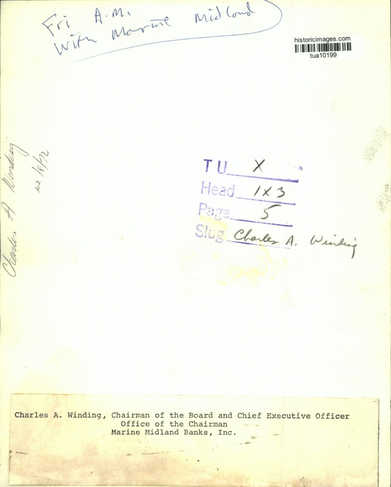 1972 Press Photo Charles A. Winding, Marine Midland Banks, Albany, New York