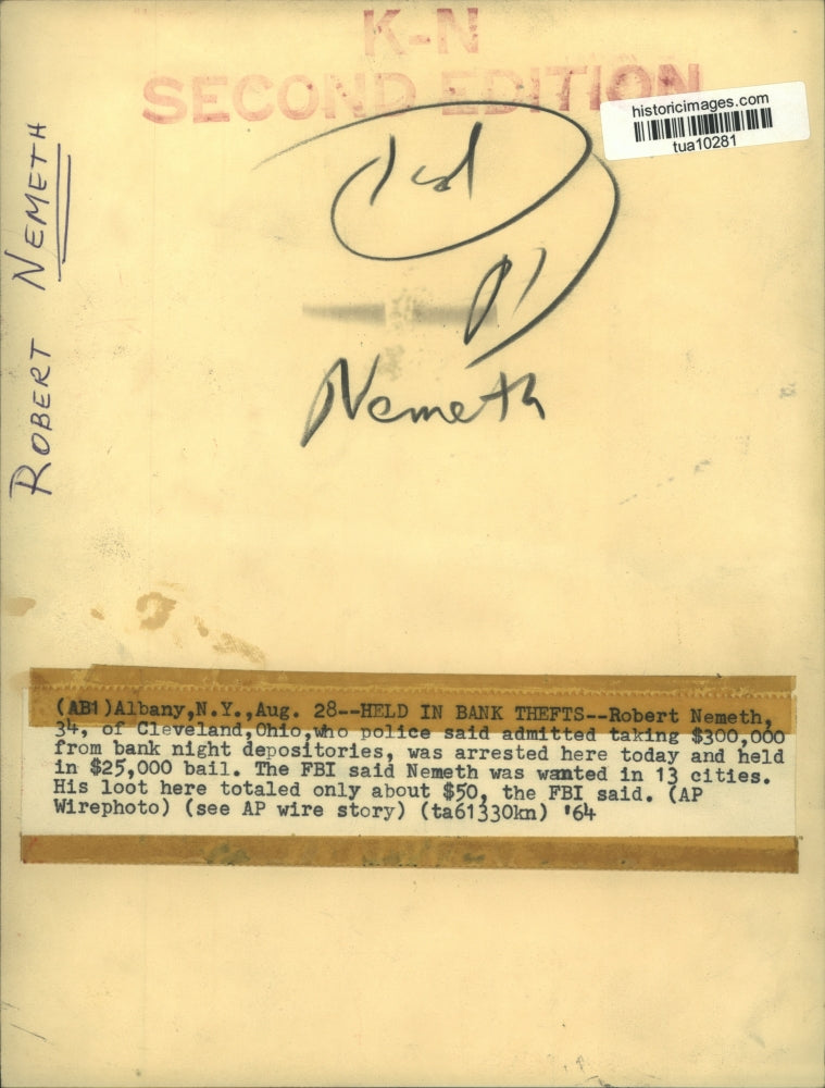 1964 Press Photo Serial bank robber Robert Nemeth in Albany, New York