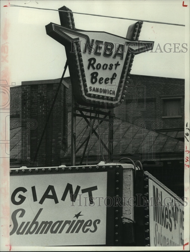 1978 Press Photo Neba Root Beer sign at Mike's Submarines, Albany, New York- Historic Images