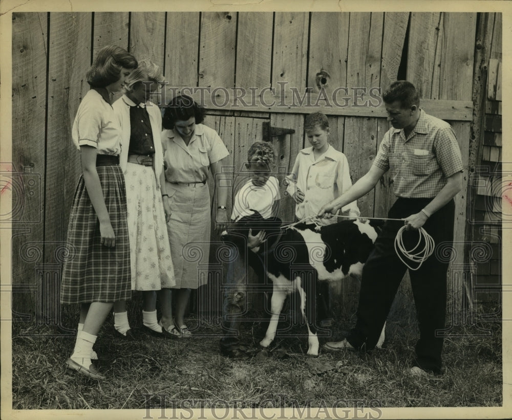 1955 Press Photo Jane, Anne, Miss Morhouse, Sanford, Thomas, Mr Morhouse, Calf