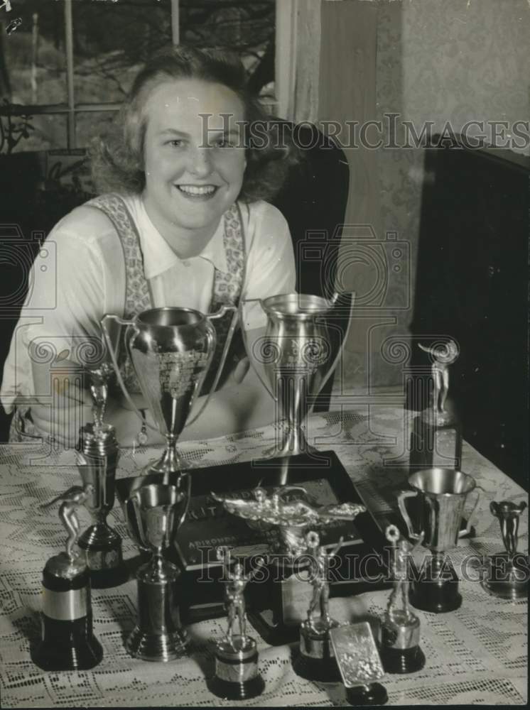 1941 Press Photo Rita Weaver shows off swimming trophies in Troy, New York- Historic Images