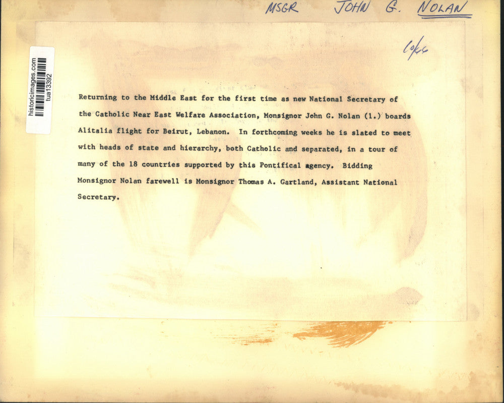 1966 Press Photo Rt. Reverend Monsignor John G. Nolan boarding Alitalia plane