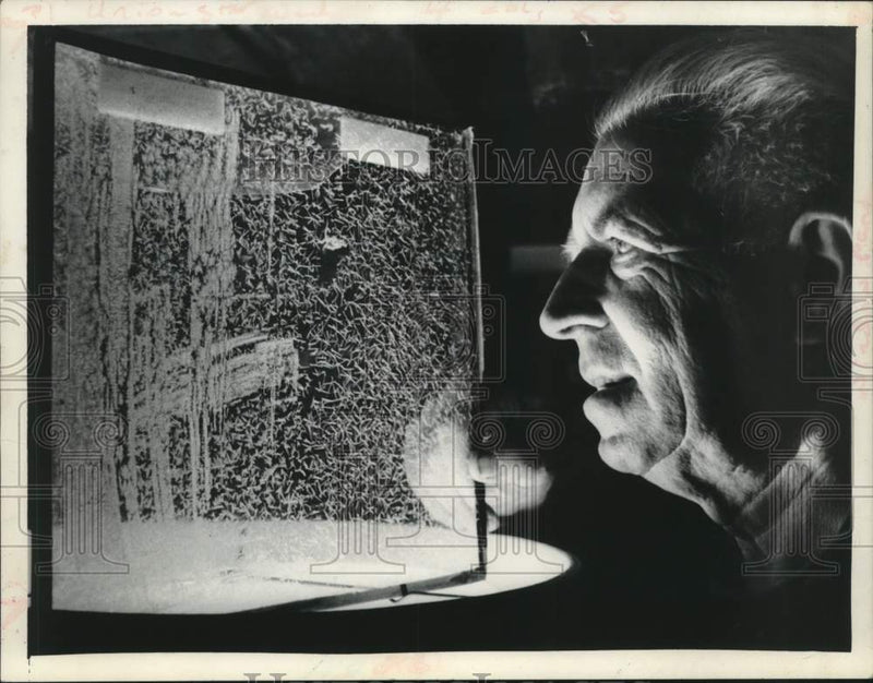 Load image into Gallery viewer, 1973 Press Photo Vincent Schaefer studies window pane frost in New York

