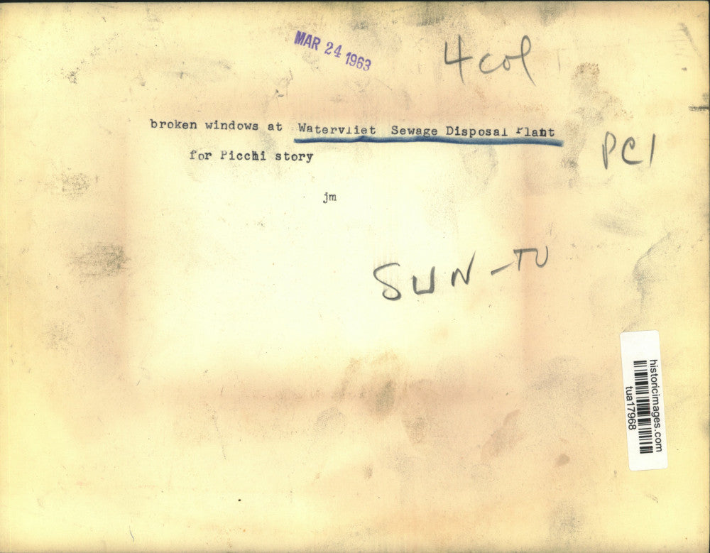 1963 Press Photo Watervliet New York Sewage Disposal Plant suffers window damage