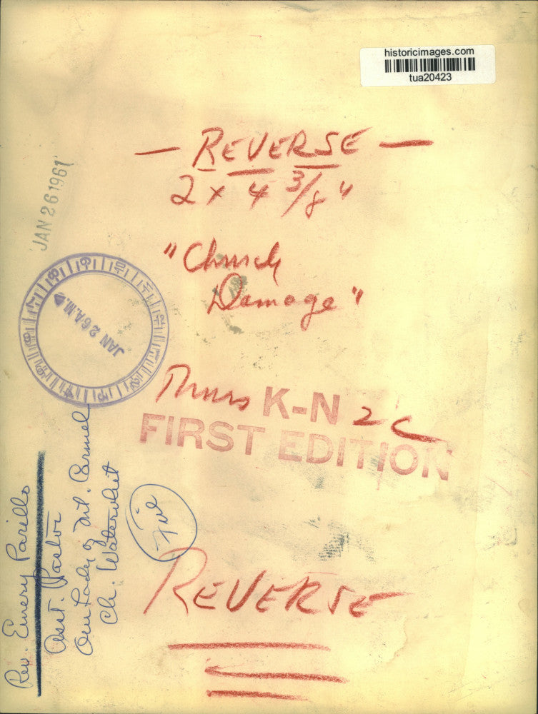 1961 Press Photo Rev Emery Parillo of Our Lady of Mt Carmel inspects fire damage