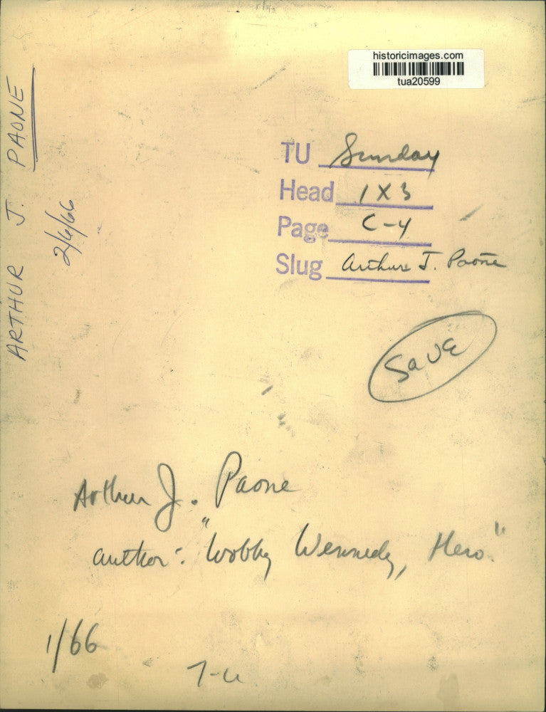 1966 Press Photo Arthur J Paone, author of "Bobby Werinedy, Hero" - tua20599